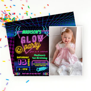 Glow Party Neon Colourful Birthday Party Photo  Invitation
