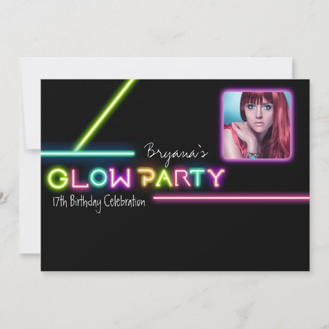GLOW PARTY Neon Photo Birthday Party Invitation (Front)