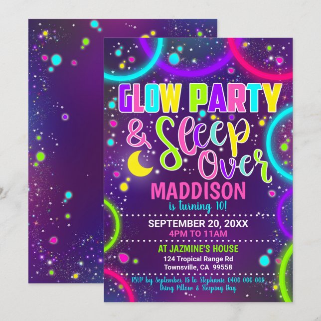 Glow Party Sleep over Invitation Slumber (Front/Back)