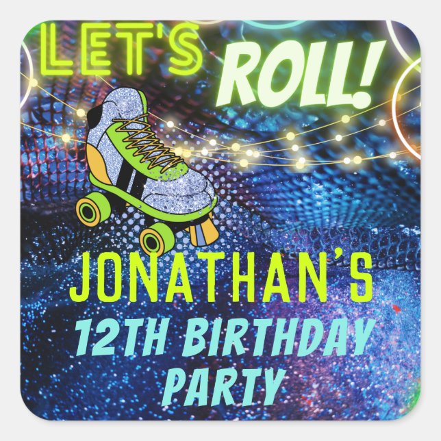 Glow Roller Skating Boys Birthday Party Favour Square Sticker (Front)