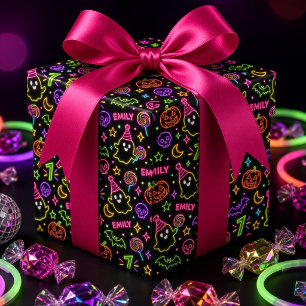 Glow Spooky Personalized Neon Ghost Halloween Wrapping Paper