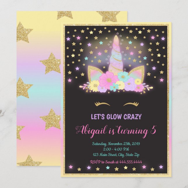 Glow Unicorn Invitation, Unicorn Invitation (Front/Back)