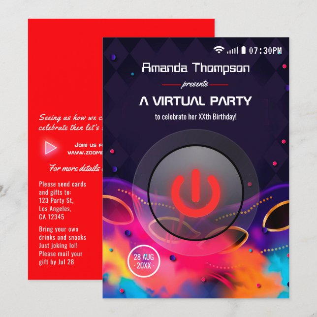Glow Virtual Birthday Party Invitation (Front/Back)