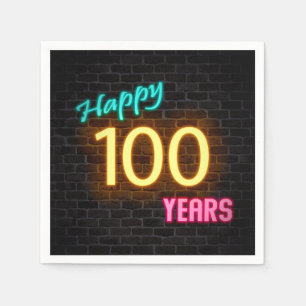 glowing 100 neon sign on brick wall napkin