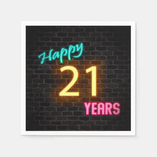 glowing 21 neon sign on brick wall napkin