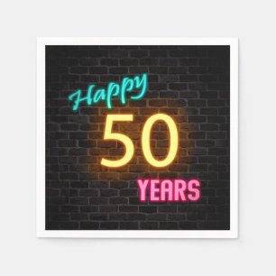 glowing 50 neon sign on brick wall napkin