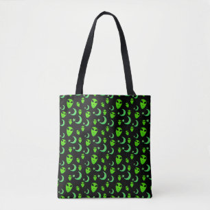 Glowing Aliens, Crescent Moon and Stars on Black Tote Bag