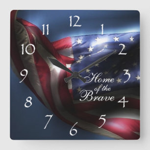 Glowing American Flag/Home of the Brave Square Wall Clock