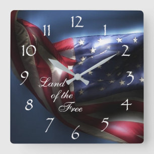 Glowing American Flag/Land of the Free Square Wall Clock
