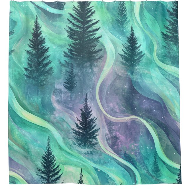 Glowing Aurora Over Pine Forest Night Scene (Front)