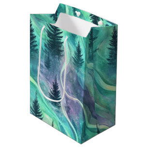 Glowing Aurora Over Pine Forest Night Scene Medium Gift Bag