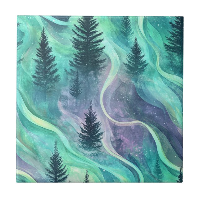 Glowing Aurora Over Pine Forest Night Scene Tile (Front)