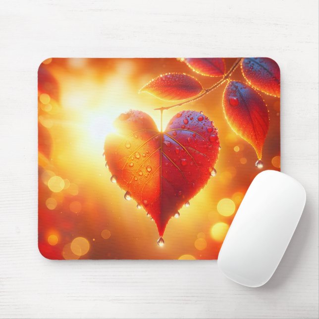Glowing Autumn Leaf Heart Mouse Pad (With Mouse)