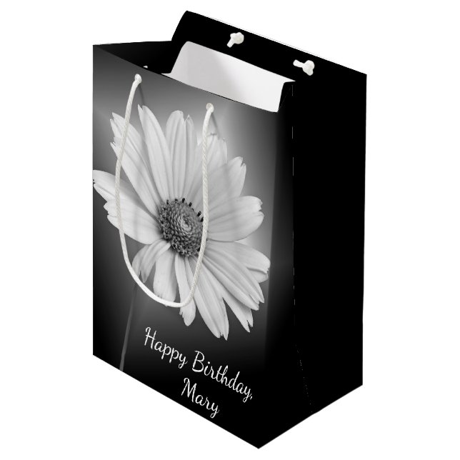 Glowing Birthday Daisy on Black with Name Medium G Medium Gift Bag (Front Angled)