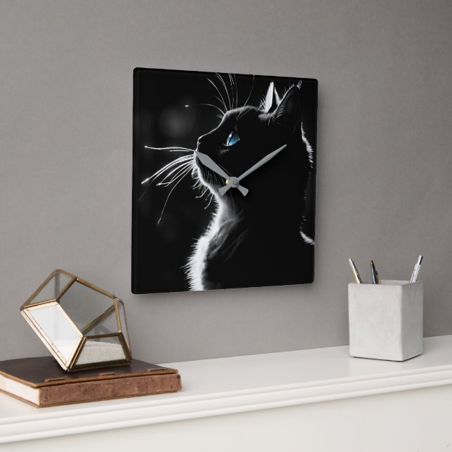 Glowing Black Cat Square Wall Clock (Office)