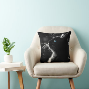 Glowing Black Cat With Blue Eye Throw Pillow