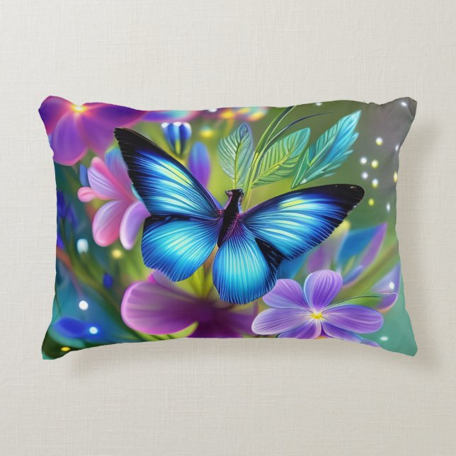 Glowing Blue Butterfly in Fairy Garden  Accent Pillow (Front)
