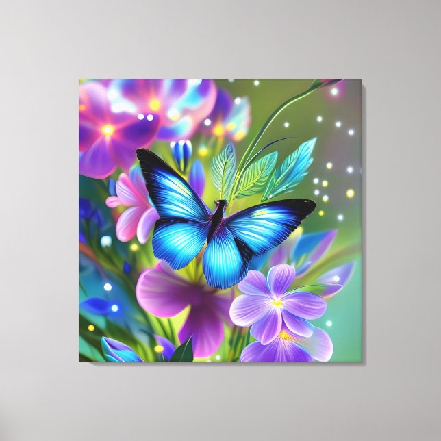 Glowing Blue Butterfly in Fairy Garden  Canvas Print (Front)