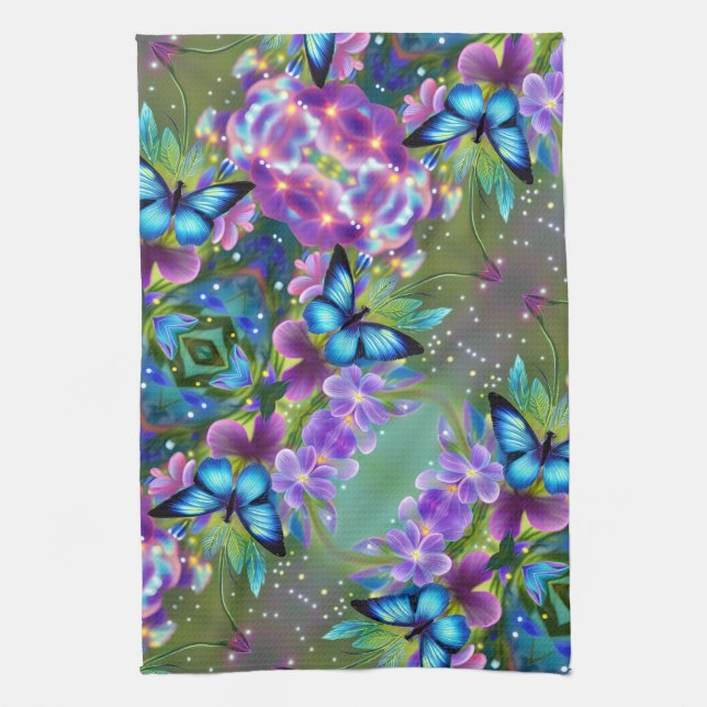 Glowing Blue Butterfly in Fairy Garden  Kitchen Towel (Vertical)