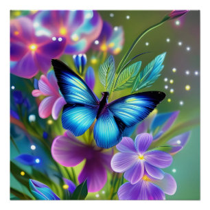 Glowing Blue Butterfly in Fairy Garden  Poster