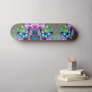 Glowing Blue Butterfly in Fairy Garden Skateboard