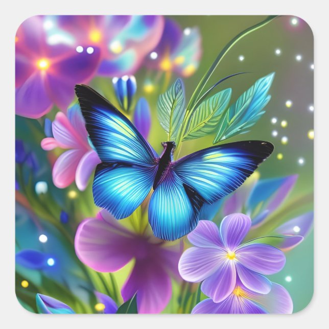 Glowing Blue Butterfly in Fairy Garden  Square Sticker (Front)