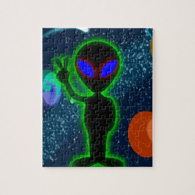 Glowing Blue Eyes Peace Space Alien Jigsaw Puzzle (Vertical)