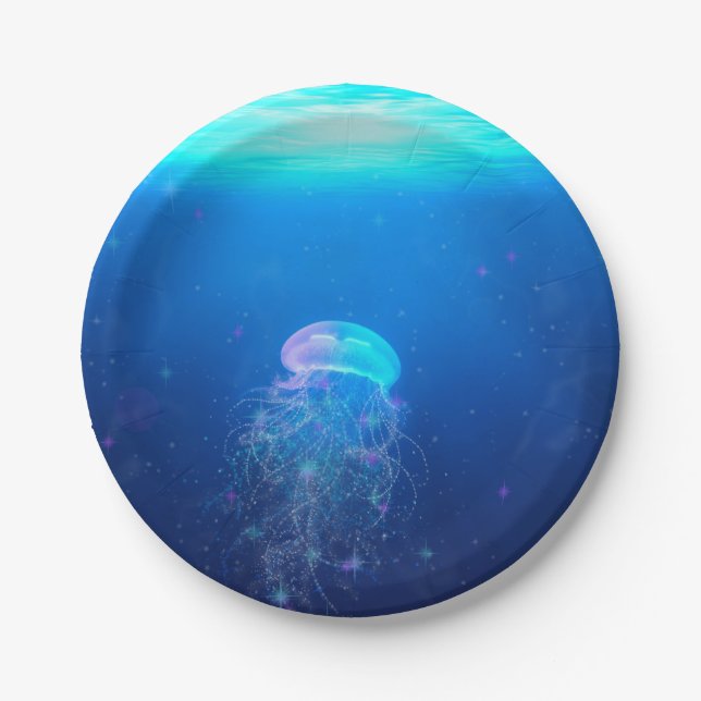 Glowing blue jellyfish swimming in mystical ocean paper plate (Front)