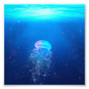 Glowing blue jellyfish swimming in mystical ocean photo print
