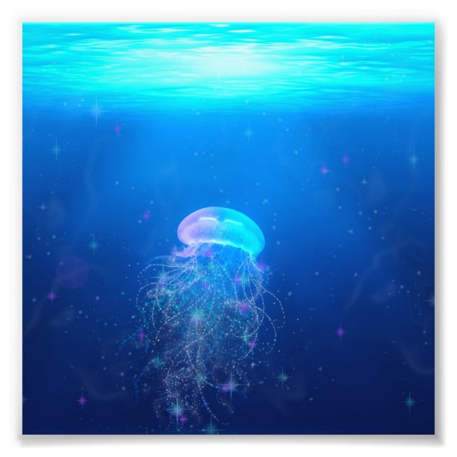 Glowing blue jellyfish swimming in mystical ocean photo print (Front)