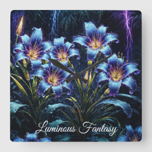 Glowing blue lilies night vibrant floral fantasy square wall clock