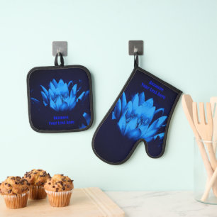 Glowing Blue Lotus Lily Flower Personalized Oven Mitt & Pot Holder Set