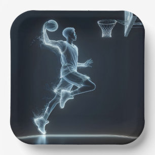 Glowing Blue Neon Basketball Player Paper Plate