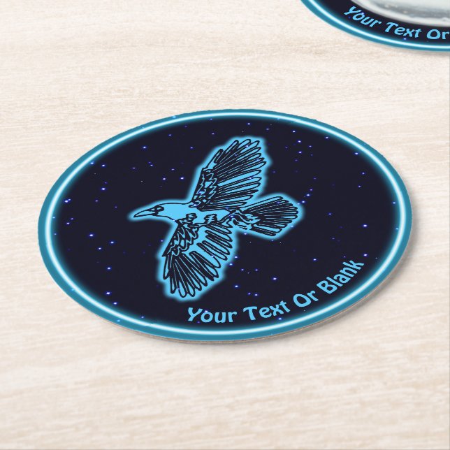 Glowing Blue Raven On Stars Round Paper Coaster (Angled)
