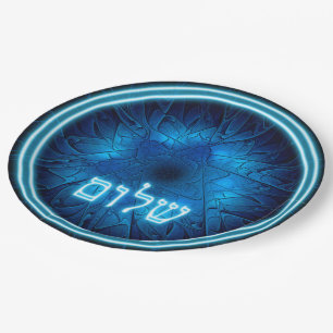 Glowing Blue Shalom On Etched Star of David Paper Plate