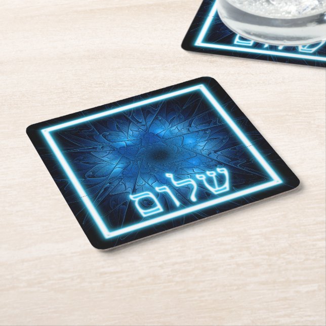 Glowing Blue Shalom On Etched Star of David Square Paper Coaster (Angled)