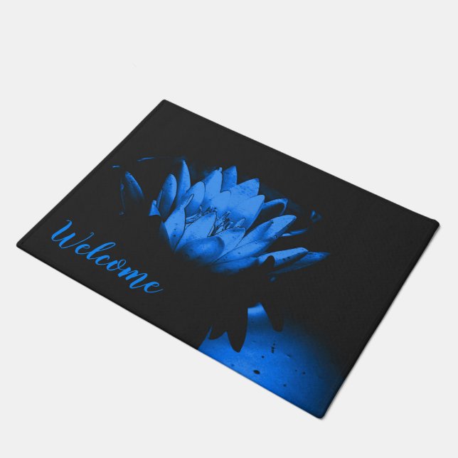 Glowing Blue Water Lily Lotus Flower Welcome Doormat (Angled)