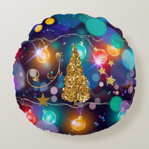 Glowing Christmas Lights Bokeh Golden Tree & Stars Round Pillow