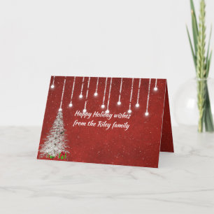 glowing Christmas lights on red with snowflakes Card