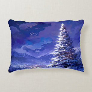 Glowing Christmas Tree Snowy Mountain Landscape Accent Pillow