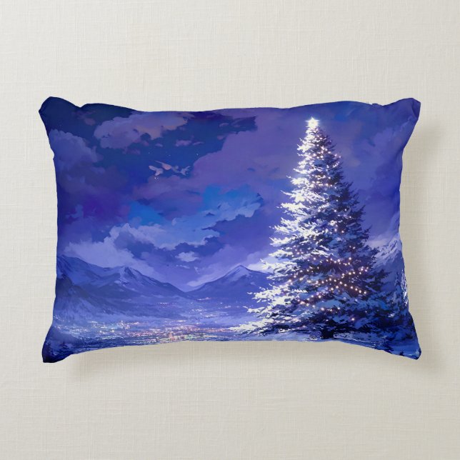 Glowing Christmas Tree Snowy Mountain Landscape Accent Pillow (Front)