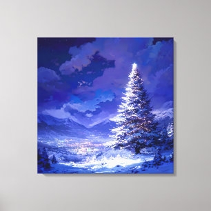 Glowing Christmas Tree Snowy Mountain Landscape Canvas Print