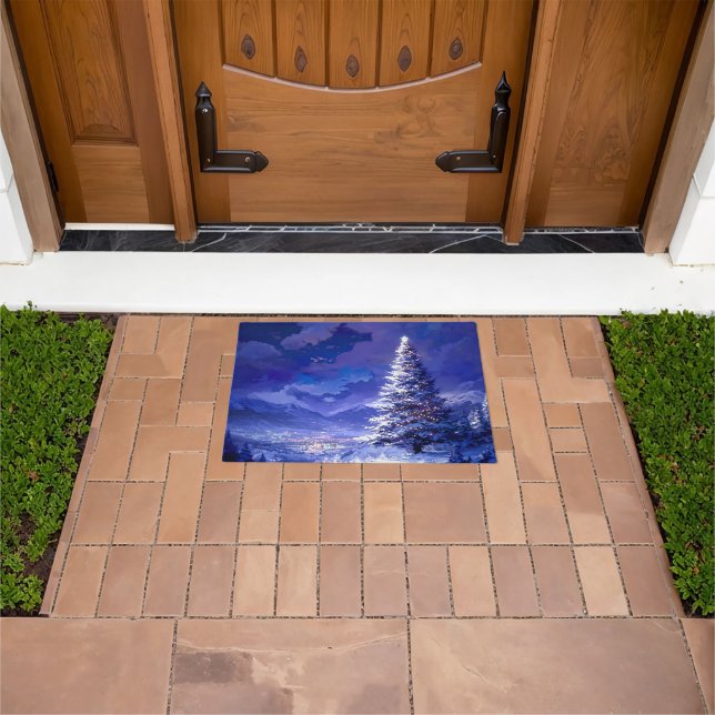 Glowing Christmas Tree Snowy Mountain Landscape Doormat (Outdoor)