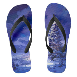 Glowing Christmas Tree Snowy Mountain Landscape Flip Flops