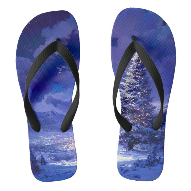 Glowing Christmas Tree Snowy Mountain Landscape Flip Flops (Footbed)