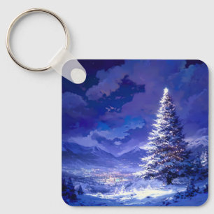 Glowing Christmas Tree Snowy Mountain Landscape Keychain