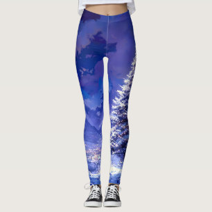 Glowing Christmas Tree Snowy Mountain Landscape Leggings