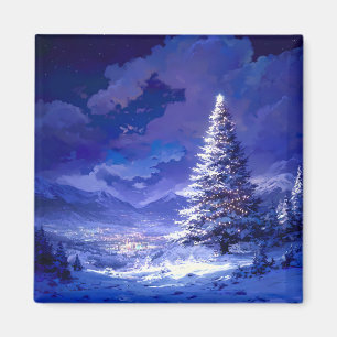 Glowing Christmas Tree Snowy Mountain Landscape Magnet