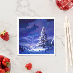 Glowing Christmas Tree Snowy Mountain Landscape Napkin