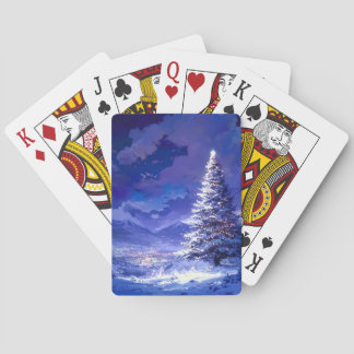 Glowing Christmas Tree Snowy Mountain Landscape Playing Cards